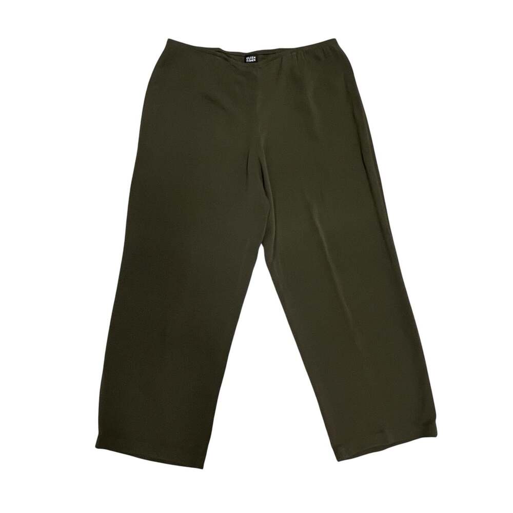 Eileen Fisher Silk Wide Leg Pants XL Olive Green 97% Silk Stretch Zip Front